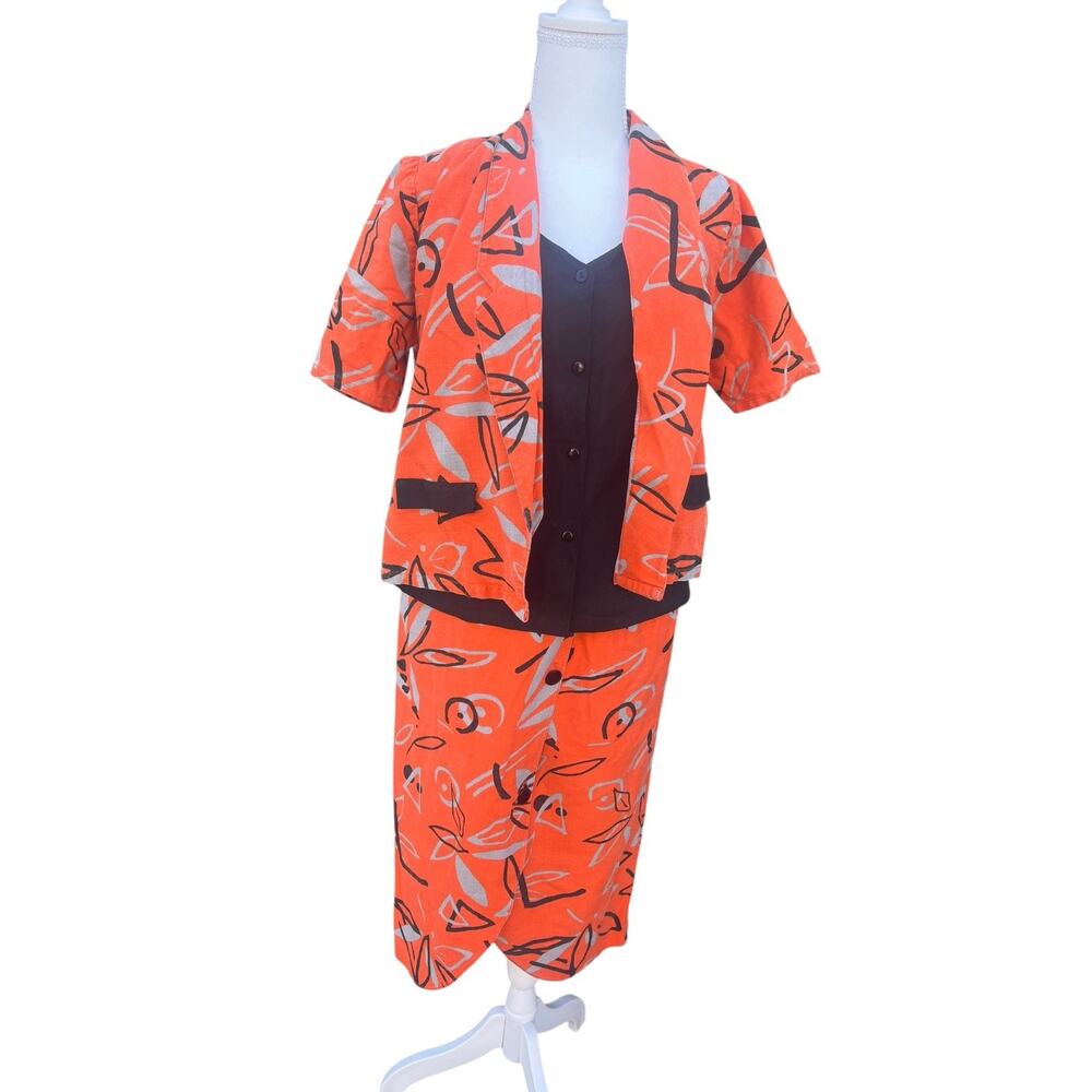 Women's Vintage 80s Blouse & Skirt Set Long Pencil Wrap Front Orange Size MEDIUM
